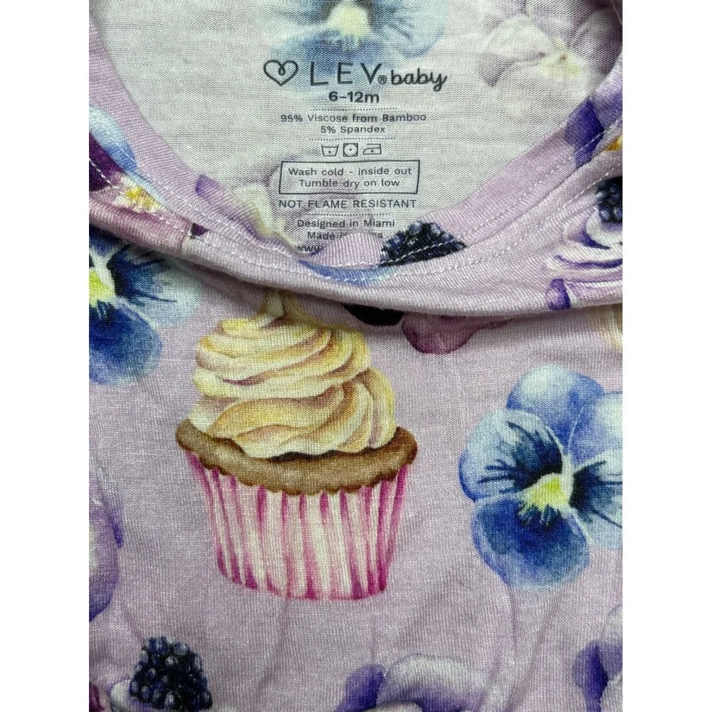 Lev Baby Pajama Set Baby Girl 6-12M Purple Cupcake Floral Bamboo EUC